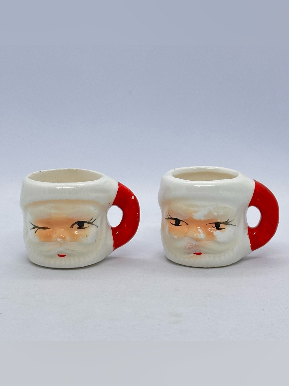 VTG Winking Santa Claus Mini 1 5/8” Mugs Lot of 2 Made in Taiwan Ceramic Decor